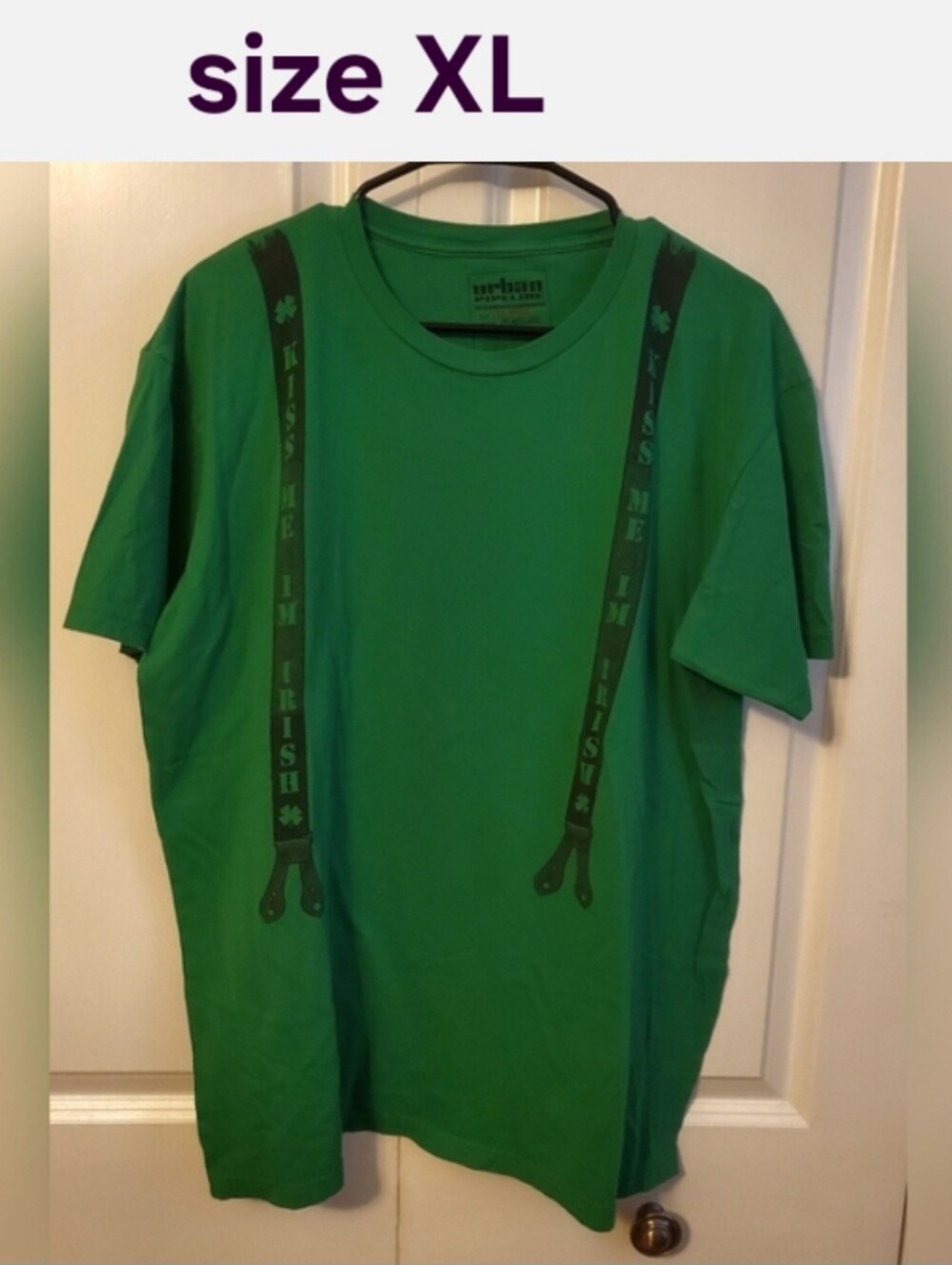 Kiss Me I'm Irish Novelty T-shirt XL Faux Suspenders Short Sleeve Green GC